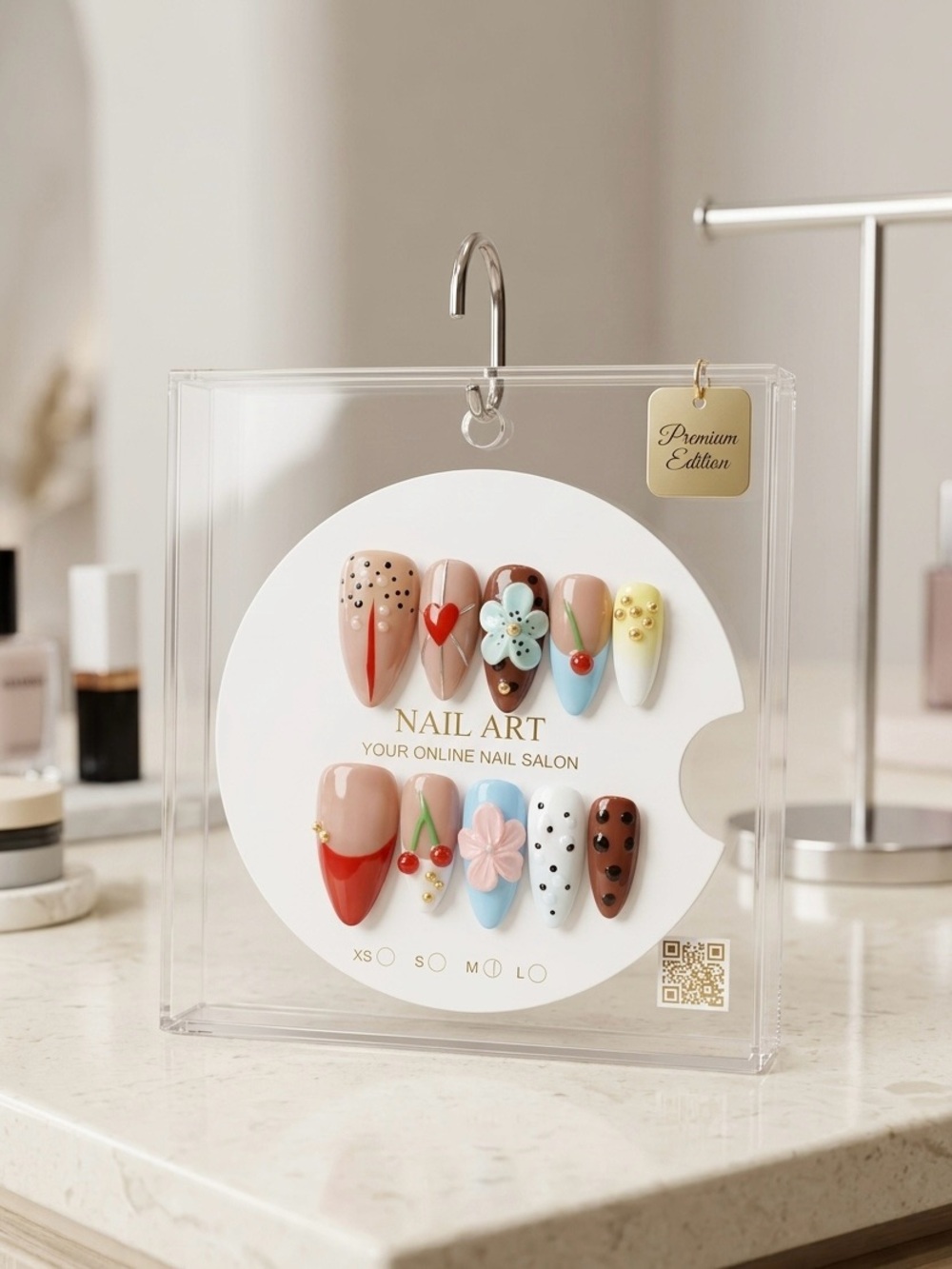 Decorative Press-On Nail Set with Floral & Heart Accents